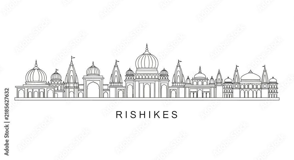 Fototapeta premium Rishikesh Skyline Illustration - Indian Temples Architecture Outline