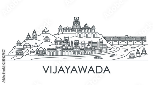 Vijayawada city skyline, India. Line art illustration of a famous landmark destination.