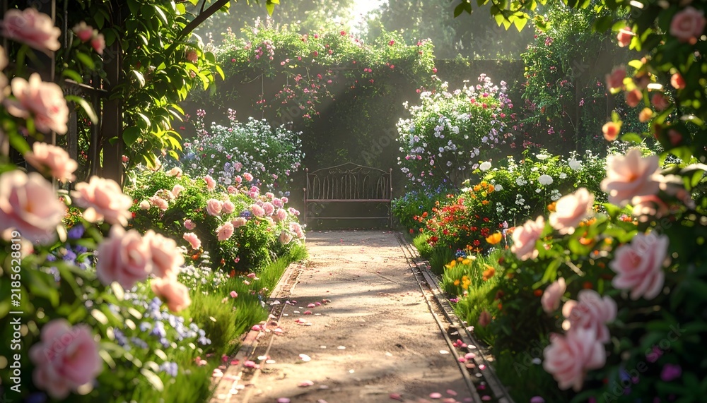 Fototapeta premium Sendero de jardín rodeado de rosas y abundante vegetación florida con luz natural filtrándose entre los árboles