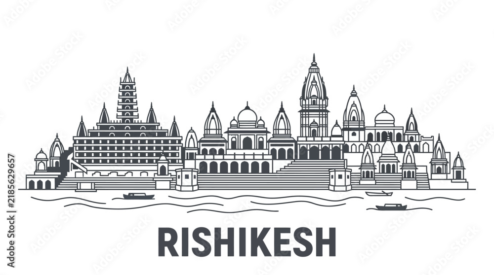 Obraz premium Rishikesh Ganges River Skyline Landmark Architecture Indian Cityscape Line Art