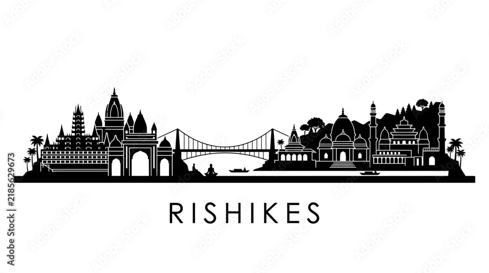 Fototapeta premium Rishikesh India Cityscape Skyline Silhouette Vector Landmark Bridge Temples