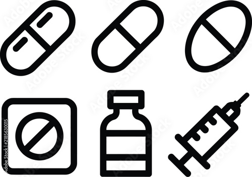 Medicine icon set displaying pharmaceutical healthcare