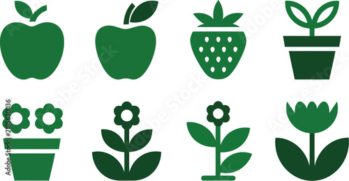 Plant silhouette icon set featuring flowers and fruit in green