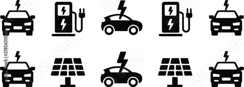 Car silhouette icon set featuring electric charging and solar