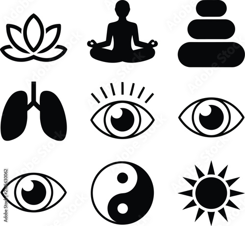 Zen icons set vector silhouette spiritual mindfulness wellness