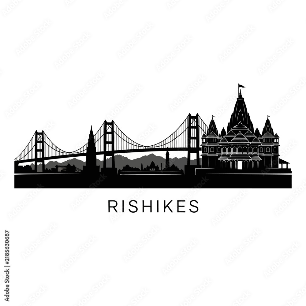 Obraz premium Rishikesh cityscape silhouette, suspension bridge & temple architecture, India
