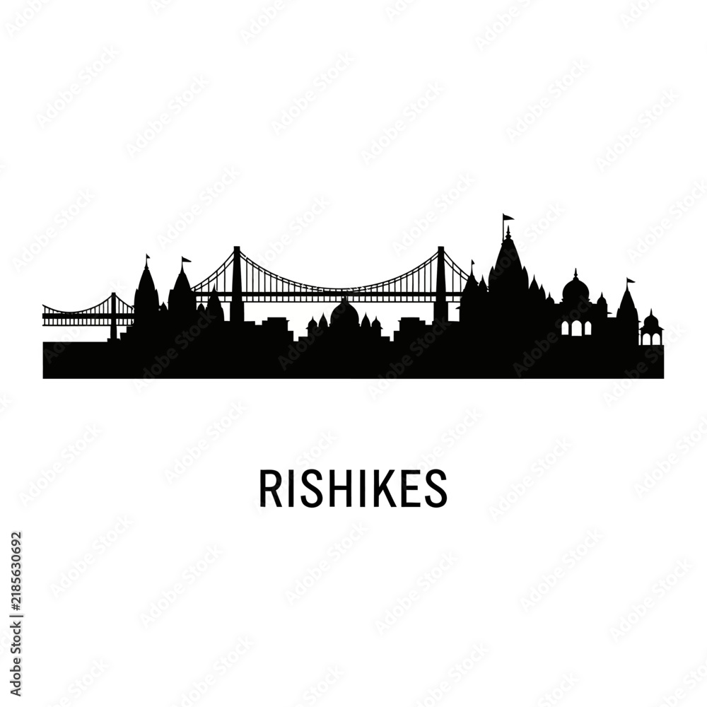 Obraz premium Rishikesh India City Skyline Silhouette with Bridges and Temples