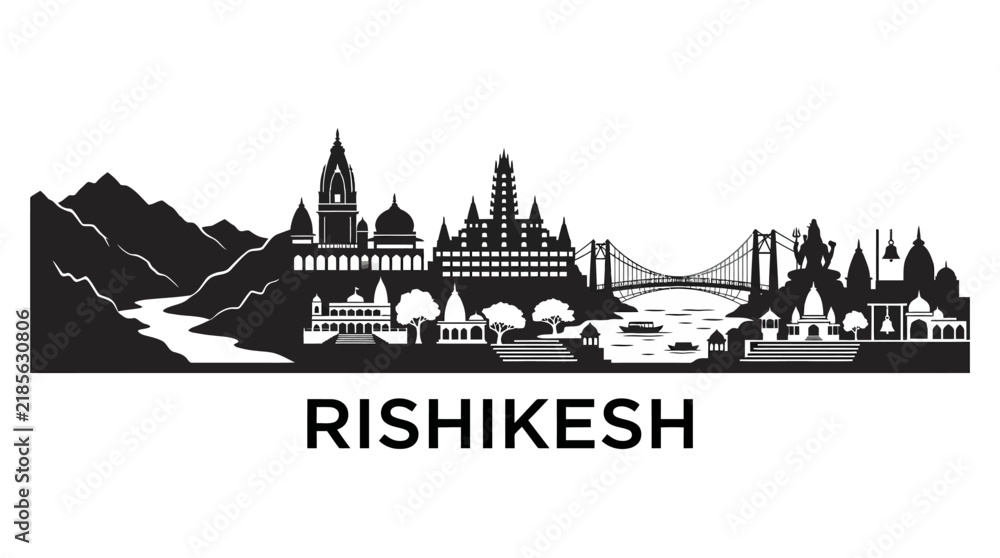 Fototapeta premium Rishikesh Skyline Silhouette - Iconic Indian City with Mountains and River
