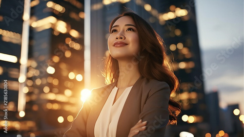 Confident young businesswoman standing in modern financial district at sunset symbolizing leadership ambition and career success
