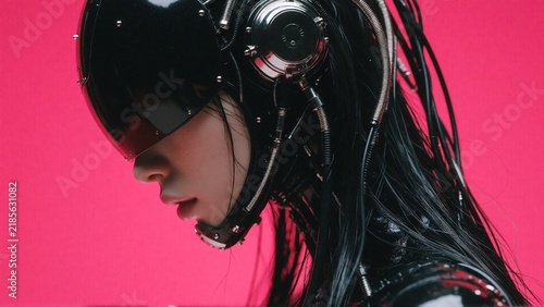 Futuristic Cyborg Character with Cybernetic Helmet Against Pink Background