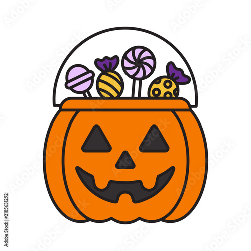 Colorful Halloween pumpkin candy bucket full of sweets line icon with editable stroke. Orange jack-o'-lantern pail filled with lollipops and treats isolated on white background.