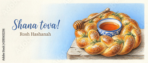 Shana Tova Rosh Hashanah banner with round challah and honey, watercolor Jewish New Year greeting design with generous copy space