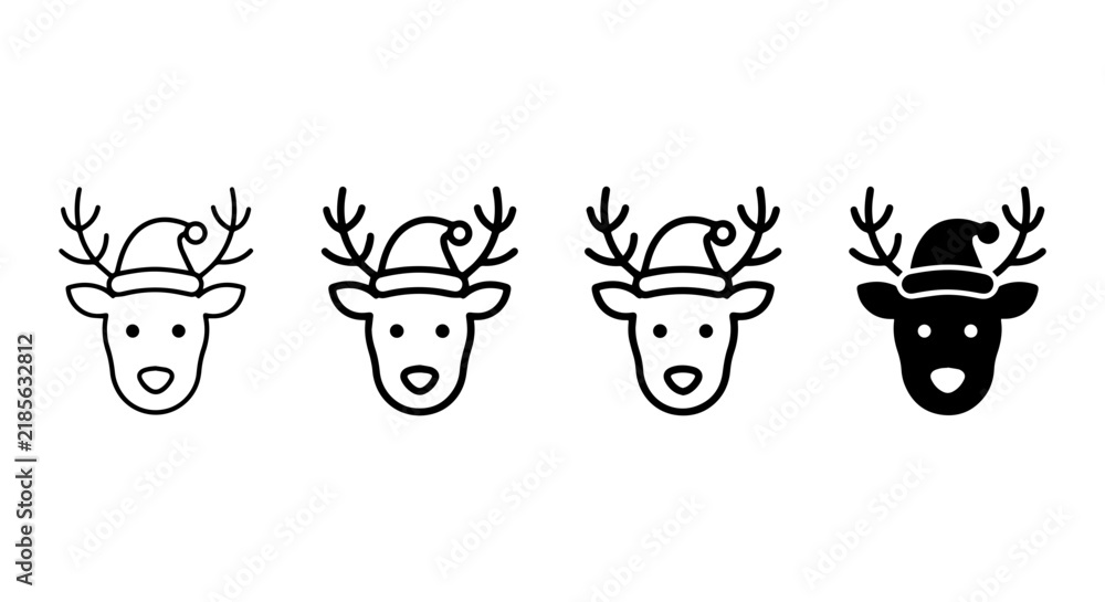 Fototapeta premium Christmas Reindeer Icons, Festive Santa Hat Vector Set, Winter Holiday Animal Graphics