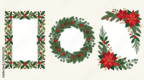 Christmas wreath and floral frames collection featuring holly berries and poinsettia leaves for holiday seasonal design