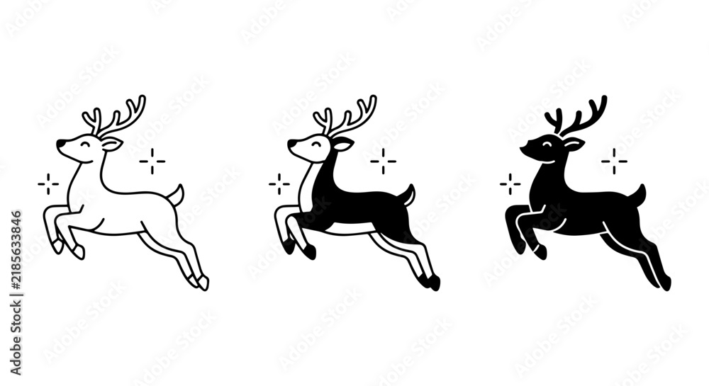 Fototapeta premium Christmas Reindeer Icons, Festive Animal Vector Set, Holiday Graphic Elements, Black and White