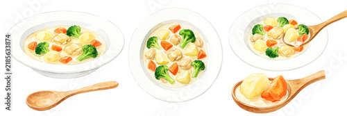 Fototapeta クリームシチューの水彩風手描きイラストセット,ホワイトシチュー・スープ・料理・具材・チキン・ブロッコリー・木製スプーン・皿・真上・ホワイトソース・家庭料理・冬・温かい・洋食・レストランメニュー・冬・カフェメニュー・レシピ販促素材,ベクター,透過PNG