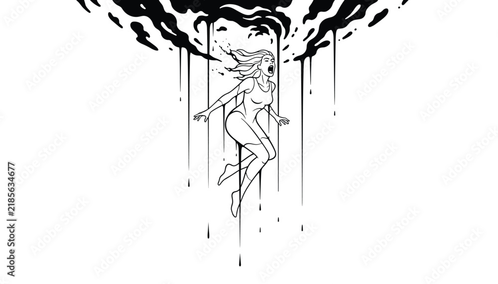 Obraz premium Woman floating screaming vector illustration, dark ink style, black and white outline art