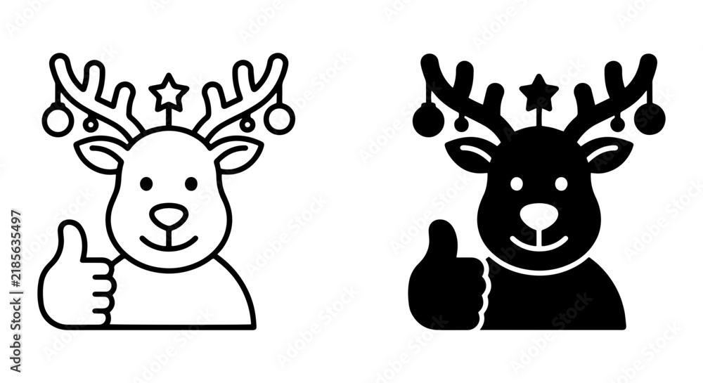 Fototapeta premium Christmas Reindeer Icons, Festive Holiday Rudolph Thumbs Up Vector Set, Winter Season Celebration Graphics