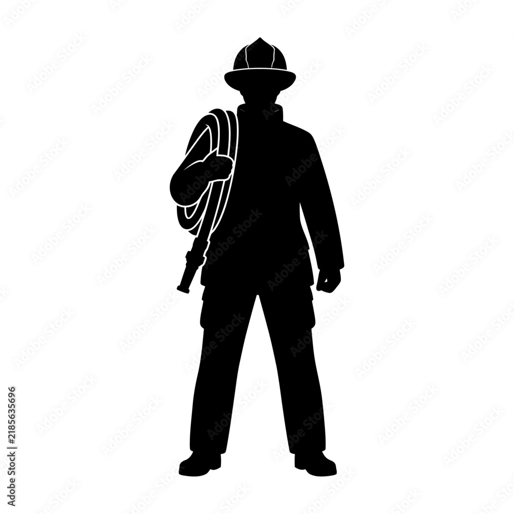 Obraz premium Flat vector silhouette illustration of a male firefighter standing in protective gear