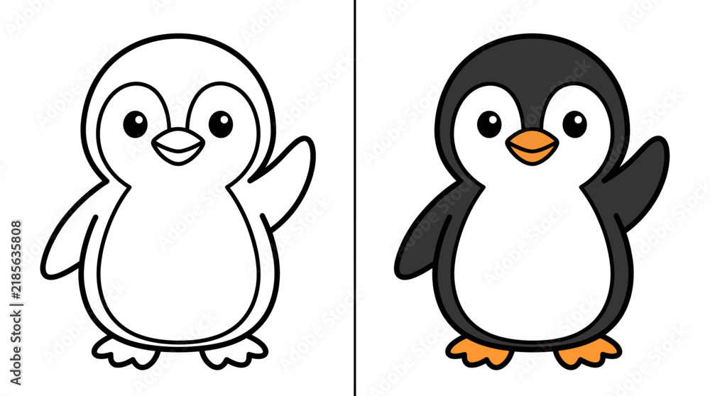 Fototapeta premium Vector illustration of cute happy penguin coloring book page and colored set