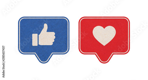 Blue like thumbs up and red love heart notification icons isolated on transparent background