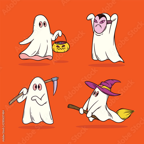Collection of halloween ghosts cartoon. Ghost with pumpkin pie, broom stick, scythe, Dracula mask.