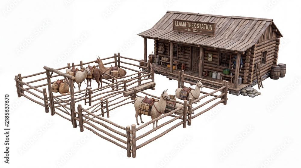 Fototapeta premium Rustic Wooden Llama Trading Station with Fenced Livestock Corrals for Western Rural Farm and Historical Frontier Life Representation