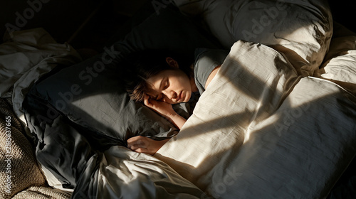 Peaceful Sleeping Woman Resting in Cozy Bed with Soft Morning Sunlight and Natural Linen Bedding