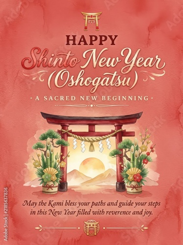 Shinto New Year Oshogatsu Celebration Sacred Illustration With Torii Gate