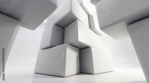Abstract stack of white cubes representing business growth and structural organization.