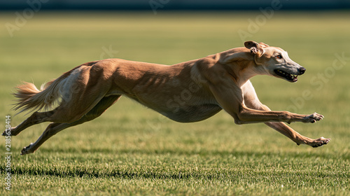 Greyhound sprinting at full racing speed running fast on grassy track daylight -  