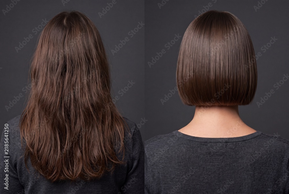 Fototapeta premium Before and after hair transformation of a woman showing long wavy hair and a sleek bob haircut