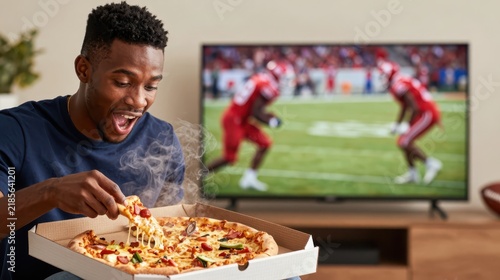 Man enjoying pizza while watching football on television
