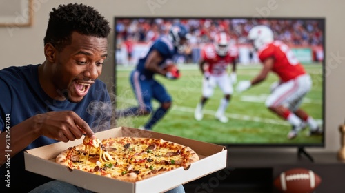 Excited man eating pizza while watching football on television