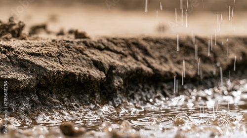 darkening. Close-up of raindrops on cracked earth, soil absorbing moisture. ESG reports, sustainability campaigns, designed for environmental awareness campaigns, used by brand managers.