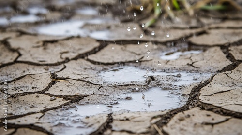 darkening. Close-up of raindrops on cracked earth, soil absorbing moisture. ESG reports, sustainability campaigns, designed for environmental awareness campaigns, used by brand managers.