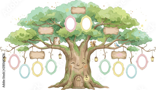 Картината върху платно Family Tree Illustration with Photo Frames, Owl, Squirrel, and Whimsical Details
