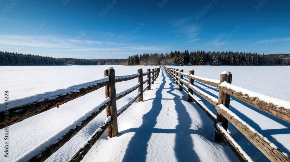 Obraz premium Wooden fence traverses a snow covered field toward a distant pine forest under a clear blue sky. Shadows stretch across the pristine white ground. Winter landscape offers a peaceful journey.