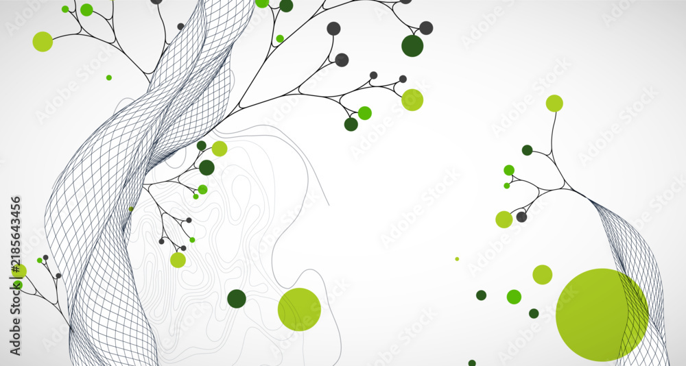 Obraz premium Abstract eco background with wave grid, green circles, and branching lines. Vector