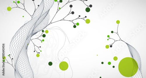 Abstract eco background with wave grid, green circles, and branching lines. Vector