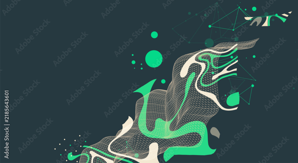 Obraz premium Abstract futuristic background with dynamic green and beige fluid waves, mesh grid, geometric lines. Vector