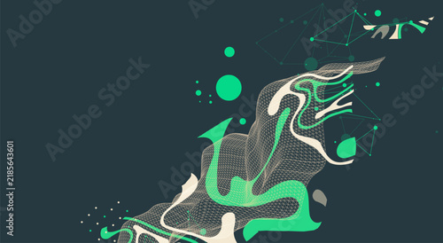 Abstract futuristic background with dynamic green and beige fluid waves, mesh grid, geometric lines. Vector