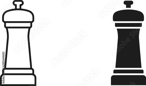 Two minimalist pepper mill icons showing a solid silhouette and an outline style design for kitchen and culinary use