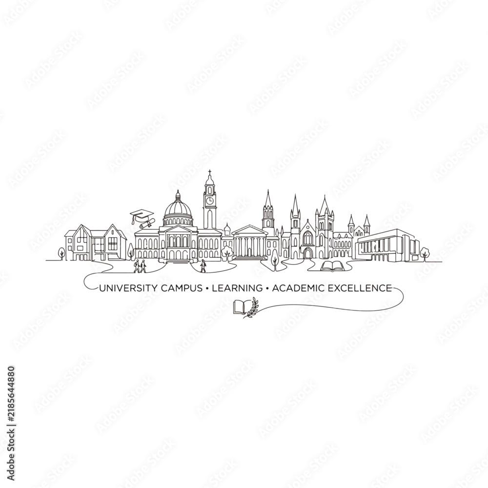Fototapeta premium University campus skyline line art with academic icons