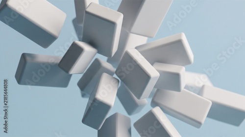 Abstract 3D background with floating white rectangular blocks on a soft blue backdrop.