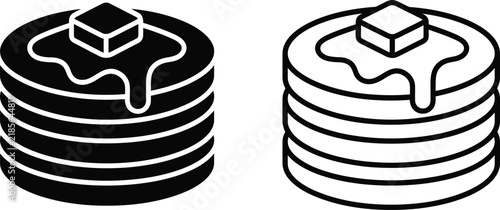 Two pancake stacks with butter and syrup icon set for breakfast menu design