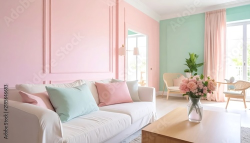 Soft Pastel Living Room with White Sofa and Flower Vase in Bright Modern Home