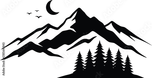 A minimalist black and white vector illustration featuring a majestic mountain range silhouette with pine trees and a crescent moon in a starry night sky