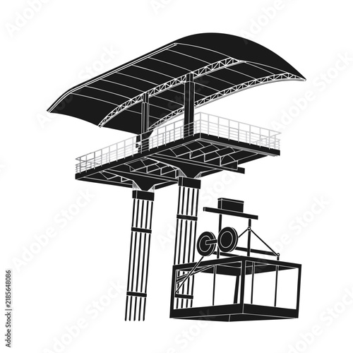 Modern cable car station vector illustration, black and white gondola lift terminal, mountain transport infrastructure icon