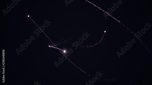 Sky illuminated by three glowing orbs leaving trails of light against a dark night sky, suggesting a celestial or cosmic event